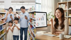 N잡 창업 아이디어 성공 모습. 슈링크플레이션 감시단 유튜브 정보로 현명하게 소비하는 한국 소비자들과, 높은 채널 성과와 감사 댓글에 뿌듯해하는 한국인 유튜버.