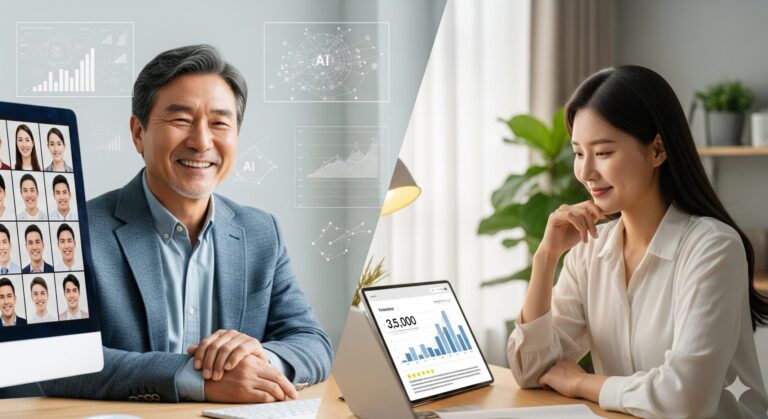 N잡 창업 아이디어로 성공한 모습. AI 기술로 경력을 재무장하여 활기차게 컨설팅하는 한국인 시니어 전문가와, 그의 성공을 도우며 보람을 느끼는 한국인 컨설턴트.