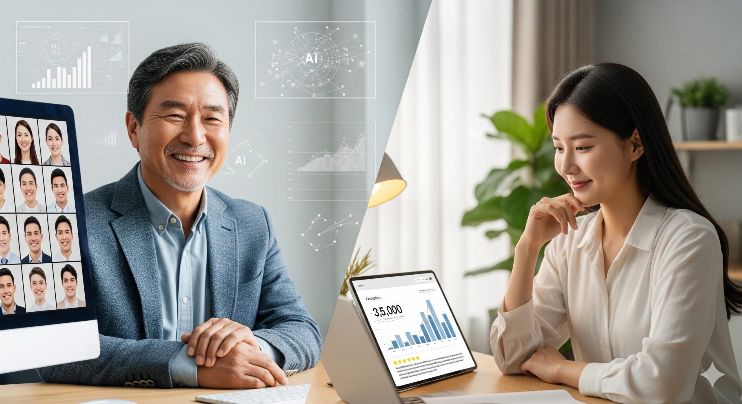 N잡 창업 아이디어로 성공한 모습. AI 기술로 경력을 재무장하여 활기차게 컨설팅하는 한국인 시니어 전문가와, 그의 성공을 도우며 보람을 느끼는 한국인 컨설턴트.
