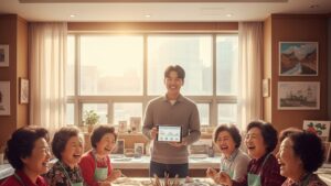 N잡 창업 아이디어로 성공한 시니어 취미 플랫폼의 모습. 활기찬 한국인 시니어들이 함께 미술 수업을 들으며 웃고 있고, 젊은 한국인 창업가가 그들을 흐뭇하게 바라보며 커뮤니티의 성공을 만끽하고 있다.