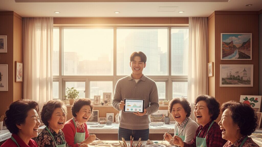 N잡 창업 아이디어로 성공한 시니어 취미 플랫폼의 모습. 활기찬 한국인 시니어들이 함께 미술 수업을 들으며 웃고 있고, 젊은 한국인 창업가가 그들을 흐뭇하게 바라보며 커뮤니티의 성공을 만끽하고 있다.
