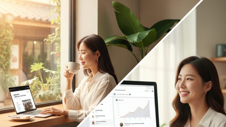 N잡 창업 아이디어 성공 모습. 안전 리포트 덕분에 안심하고 워케이션을 즐기는 한국 여성 N잡러와, 자신의 콘텐츠로 도움을 주어 뿌듯함을 느끼는 한국인 크리에이터.