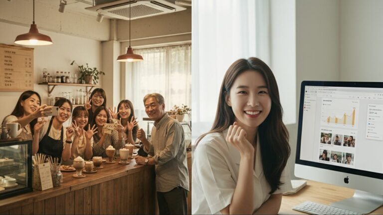 N잡 창업 아이디어 성공 모습. 이색 경험 이벤트를 즐기는 한국 MZ세대와 만족하는 가게 사장님, 그리고 성공적인 프로젝트 결과에 뿌듯해하는 한국인 이벤트 기획자.