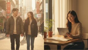 N잡 창업 아이디어로 성공한 모습. 독특한 일본 브랜드를 입고 만족하는 한국인 고객들과, 자신의 성공적인 큐레이션 매거진을 보며 뿌듯해하는 한국인 독자.