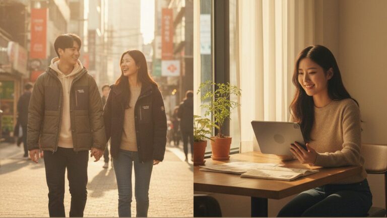 N잡 창업 아이디어로 성공한 모습. 독특한 일본 브랜드를 입고 만족하는 한국인 고객들과, 자신의 성공적인 큐레이션 매거진을 보며 뿌듯해하는 한국인 독자.