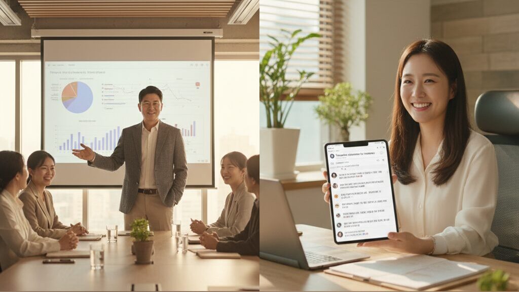 N잡 창업 아이디어로 성공한 모습. 민간 기업에서 성공적으로 경력 전환을 한 한국인 전역 군인과, "고맙다"는 댓글을 보며 뿌듯해하는 한국인 블로그 운영자.