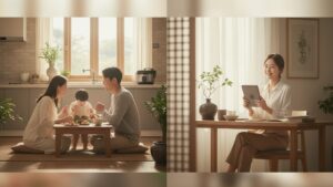 N잡 창업 아이디어로 성공한 모습. 안전한 밥솥을 사용하며 안심하는 한국인 가족과, 신뢰받는 주방 안전 큐레이션 블로그로 수익을 얻으며 뿌듯해하는 한국인 독자.