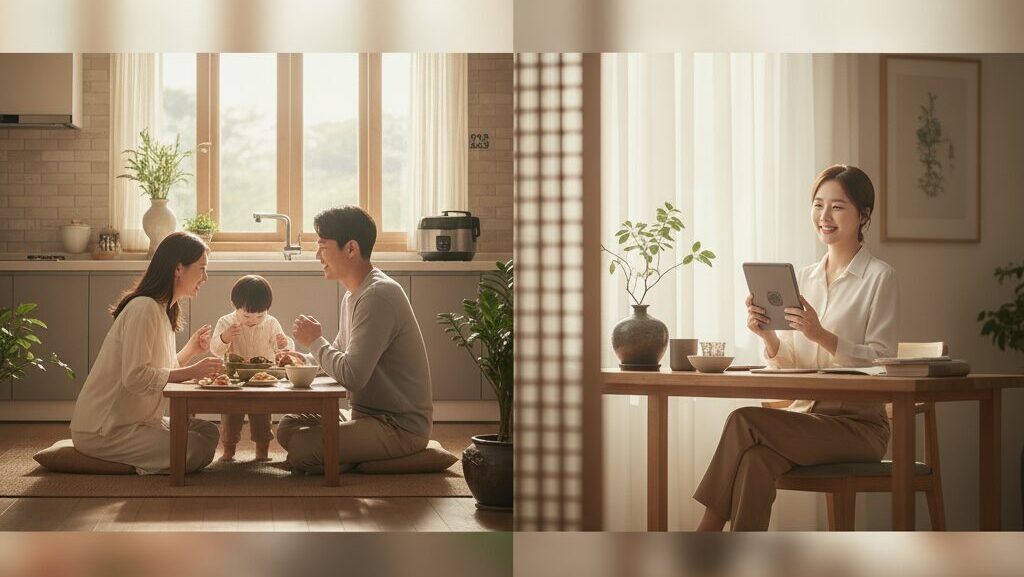 N잡 창업 아이디어로 성공한 모습. 안전한 밥솥을 사용하며 안심하는 한국인 가족과, 신뢰받는 주방 안전 큐레이션 블로그로 수익을 얻으며 뿌듯해하는 한국인 독자.