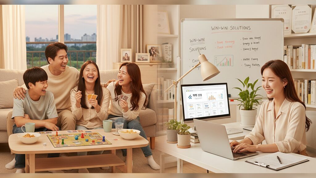 청소년 도박 문제를 극복한 가족과 성공한 N잡 창업 아이디어 사업가의 모습을 통해 완성된 꿈을 보여주는 이미지.