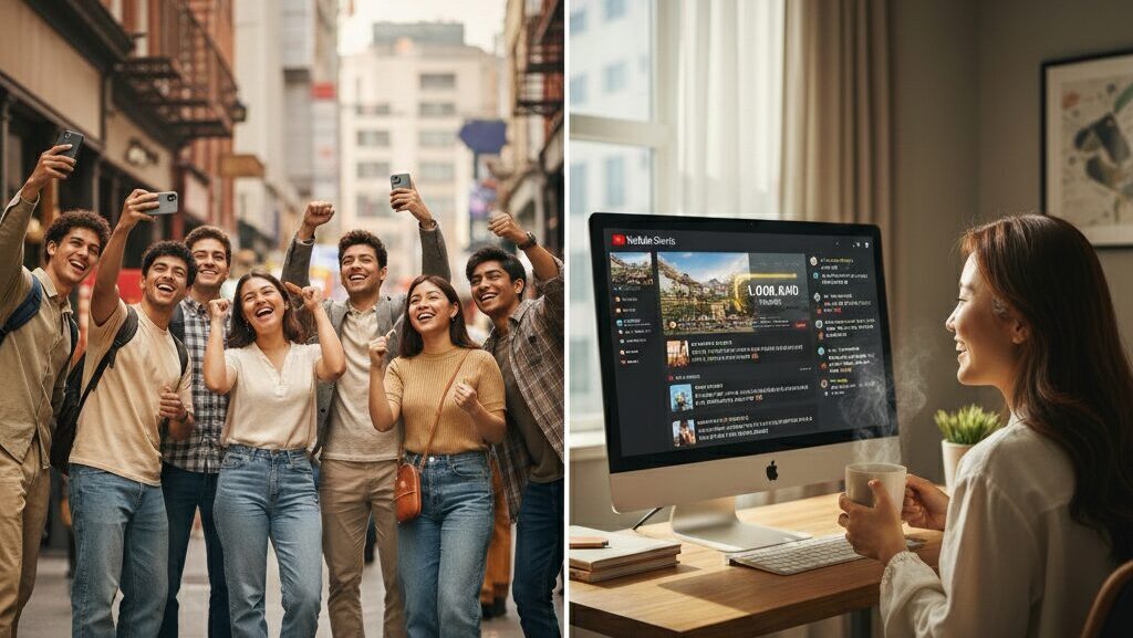 N잡 창업 아이디어 성공 모습. 유튜브 쇼츠 꿀팁으로 초절약 여행 인증샷을 찍는 Z세대 여행자들과, 높은 조회수와 감사 댓글에 뿌듯해하는 한국인 유튜버.