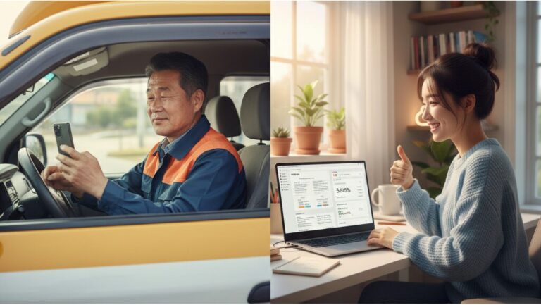 N잡 창업 아이디어로 성공한 모습. 유용한 권익 정보 허브를 보며 안심하는 한국인 퀵플렉서 기사와, "고맙다"는 댓글을 보며 뿌듯해하는 한국인 블로그 운영자.