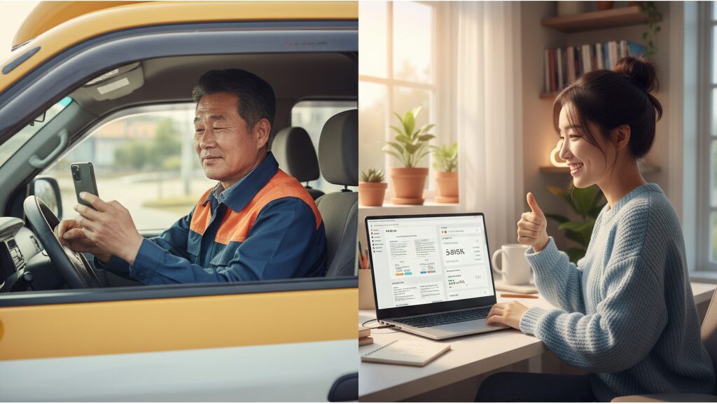 N잡 창업 아이디어로 성공한 모습. 유용한 권익 정보 허브를 보며 안심하는 한국인 퀵플렉서 기사와, "고맙다"는 댓글을 보며 뿌듯해하는 한국인 블로그 운영자.