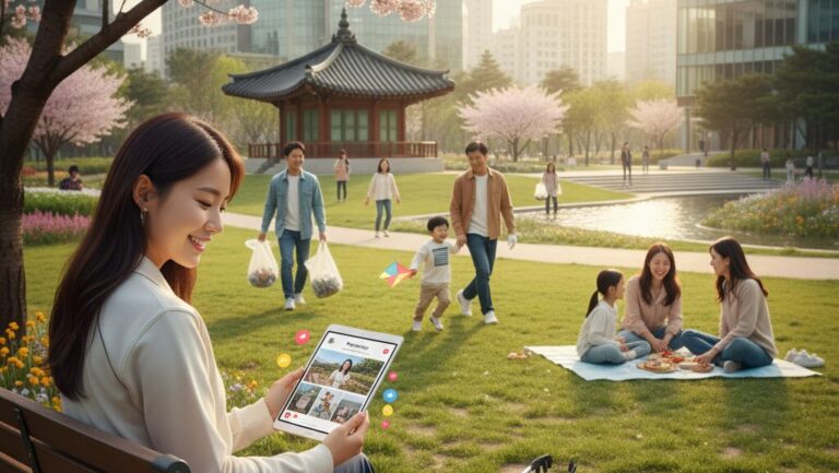 플로깅 N잡 창업 아이디어로 깨끗해진 공원에서 행복해하는 시민들과, 성공적인 콘텐츠로 성취감을 얻은 크리에이터의 윈윈 모습.