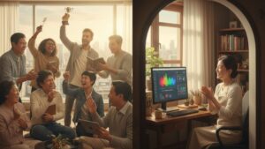 N잡 창업 아이디어로 시작한 AI 실행 대행 서비스 덕분에, 만족한 글로벌 창작자들과 성공한 한국인 전문가가 함께 기뻐하는 따뜻한 성공 장면