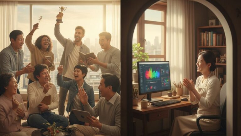 N잡 창업 아이디어로 시작한 AI 실행 대행 서비스 덕분에, 만족한 글로벌 창작자들과 성공한 한국인 전문가가 함께 기뻐하는 따뜻한 성공 장면