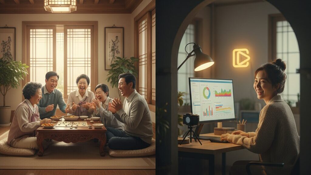 N잡 창업 아이디어인 세대 분석 유튜브 채널 덕분에, 거실에서 할아버지부터 손녀까지 3대가 함께 보드게임을 하며 웃고, 유튜버는 뿌듯하게 그 모습을 지켜보는 성공 장면.