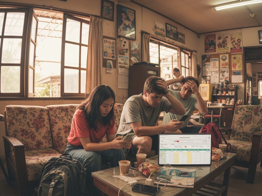 예산과 시간 부족으로 원하는 여행 경험을 포기하며 저렴한 숙소 로비에서 실망하고 있는 다양한 국적의 Z세대 배낭여행객들.