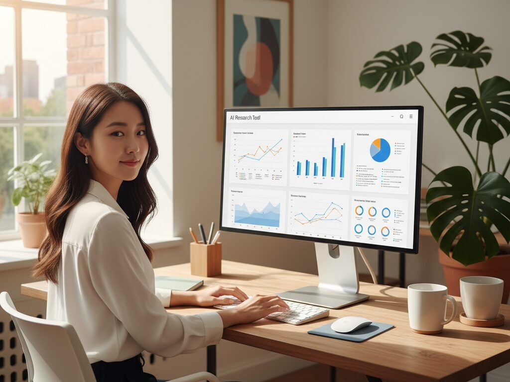 한국의 현대적인 원격 근무 환경에서 AI 기술을 능숙하게 활용하는 디지털 노마드의 모습을 표현.