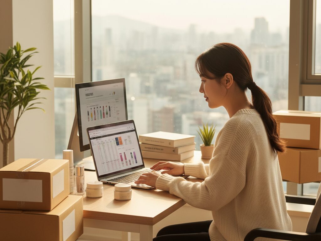 한국의 한 N잡 창업가가 자신의 홈 오피스에서 노트북으로 해외 고객에게 보낼 K-뷰티 제품을 리서치하고 정성스럽게 포장하는 모습.