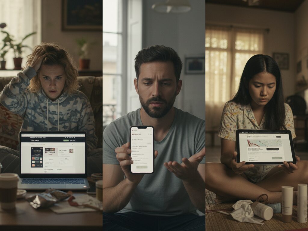 K-뷰티 제품을 구매하려 하지만 언어 장벽과 복잡한 배송 문제로 스마트폰을 보며 답답해하는 다양한 국적의 해외 고객들.