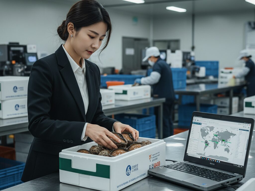 완도에서 일본으로 수출할 신선한 전복을 꼼꼼하게 검수하고 포장하는 한국인 사업가