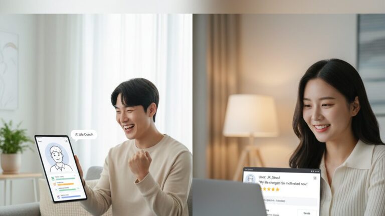 N잡 창업 아이디어인 AI 페르소나 디자인 컨설팅을 통해, 1인 가구 고객이 AI 동반자와 함께 성장하고 컨설턴트는 성공적으로 사업을 운영하는 모습