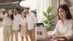 N잡 창업 아이디어로 성공한 K-컬처 릴스 크리에이터와, 그의 콘텐츠 덕분에 한국에서 즐거운 시간을 보내는 행복한 외국인 팬들의 모습.