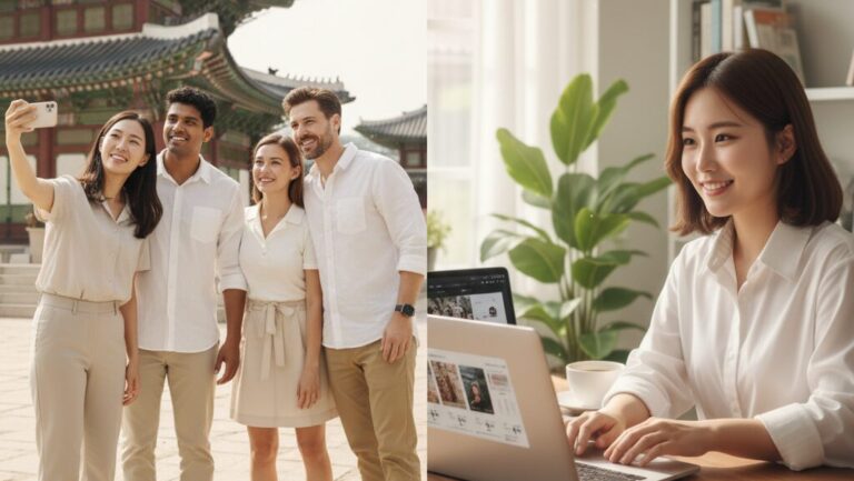 N잡 창업 아이디어로 성공한 K-컬처 릴스 크리에이터와, 그의 콘텐츠 덕분에 한국에서 즐거운 시간을 보내는 행복한 외국인 팬들의 모습.