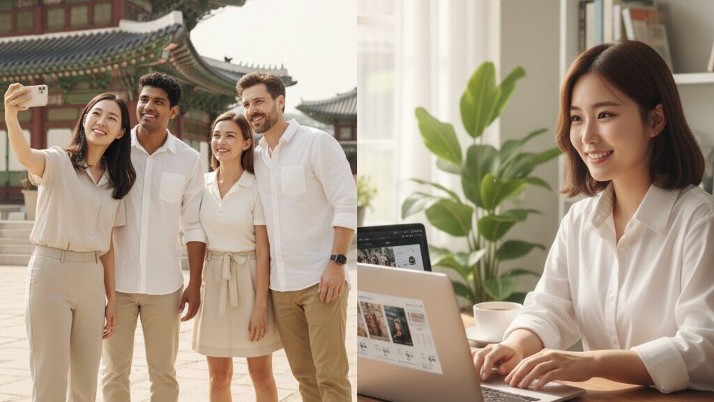 N잡 창업 아이디어로 성공한 K-컬처 릴스 크리에이터와, 그의 콘텐츠 덕분에 한국에서 즐거운 시간을 보내는 행복한 외국인 팬들의 모습.