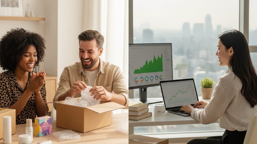 N잡 창업 아이디어로 성공한 모습. K-뷰티 제품을 배송받고 행복해하는 해외 고객들과, 노트북으로 판매 성과를 보며 뿌듯해하는 한국인 셀러.