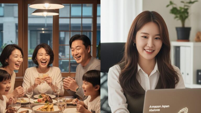 N잡 창업 아이디어인 K-전복 일본 역직구 판매 대행을 통해, 일본 가정에서는 신선한 전복 요리를 즐기고 한국의 사업가는 성공적으로 사업을 운영하는 모습