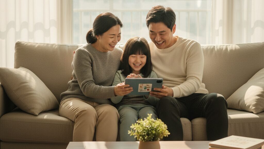 N잡 창업 아이디어인 디지털 안전 컨설팅의 성공적 결과. 부모와 자녀가 거실 소파에 앉아 함께 태블릿을 보며 행복하게 웃고 있다.