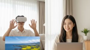 N잡 창업 아이디어인 갤럭시 XR 콘텐츠를 통해, 사용자는 새로운 가상현실을 경험하고 크리에이터는 성공적으로 유튜브 채널을 성장시키는 모습