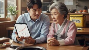 N잡 창업 아이디어의 성공 모습. '땡겨요' 주문이 쏟아져 바쁘지만 행복한 식당 사장님과, 노트북으로 매출 상승을 확인하며 뿌듯해하는 N잡 매니저.