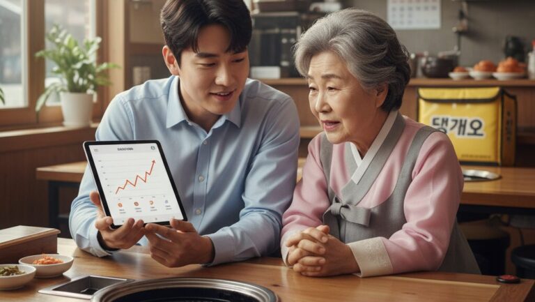 N잡 창업 아이디어의 성공 모습. '땡겨요' 주문이 쏟아져 바쁘지만 행복한 식당 사장님과, 노트북으로 매출 상승을 확인하며 뿌듯해하는 N잡 매니저.