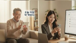 N잡 창업 아이디어인 노코드 시니어 안심관리 앱을 통해, 부모님은 편리하게, 자녀는 안심하고, 개발자는 성공적으로 사업을 운영하는 모습