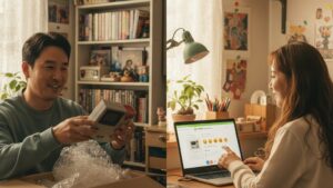 N잡 창업 아이디어인 레트로 큐레이션 커머스를 통해, 구매자는 원하는 희귀템을 얻고 판매자는 성공적으로 스마트스토어를 운영하는 모습