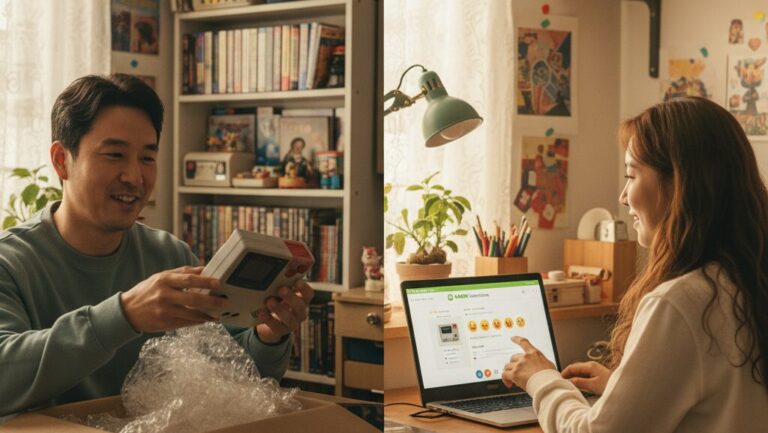 N잡 창업 아이디어인 레트로 큐레이션 커머스를 통해, 구매자는 원하는 희귀템을 얻고 판매자는 성공적으로 스마트스토어를 운영하는 모습