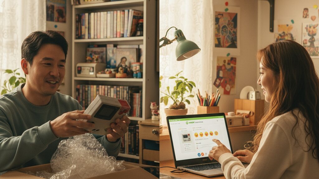 N잡 창업 아이디어인 레트로 큐레이션 커머스를 통해, 구매자는 원하는 희귀템을 얻고 판매자는 성공적으로 스마트스토어를 운영하는 모습