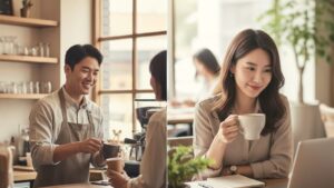 N잡 창업 아이디어로 성공한 업무 자동화 전문가와, 그의 도움으로 사업이 번창하여 행복해하는 소상공인의 모습.