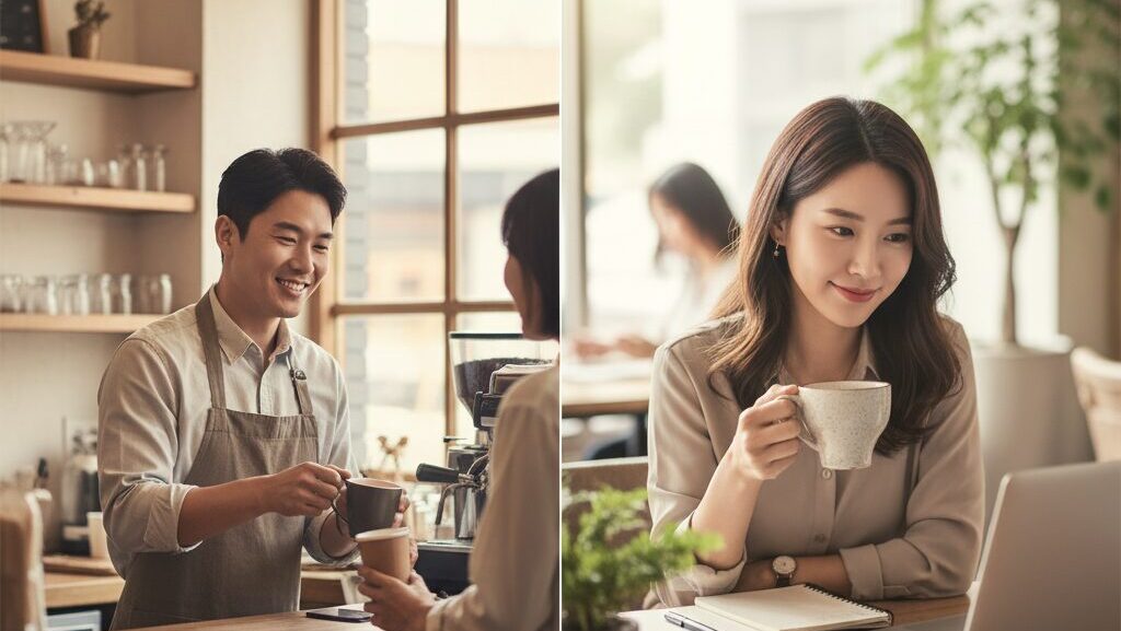 N잡 창업 아이디어로 성공한 업무 자동화 전문가와, 그의 도움으로 사업이 번창하여 행복해하는 소상공인의 모습.