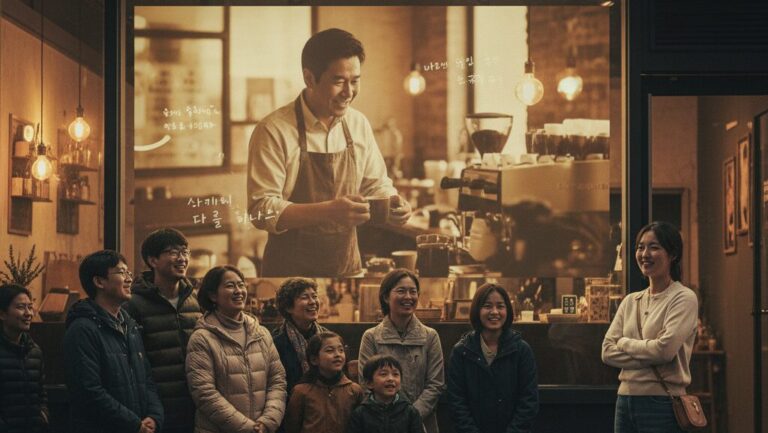 N잡 창업 아이디어인 쇼윈도 영상 콘텐츠 대행 서비스를 통해, 밤 시간 가게 쇼윈도에 영상이 상영되는 것을 보고 만족하는 소상공인과 크리에이터