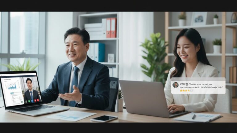 N잡 창업 아이디어인 지정학 리스크 분석 컨설팅을 통해, 중소기업 대표는 안정적으로 해외 비즈니스를 하고 컨설턴트는 성공적으로 사업을 운영하는 모습