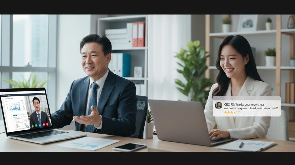 N잡 창업 아이디어인 지정학 리스크 분석 컨설팅을 통해, 중소기업 대표는 안정적으로 해외 비즈니스를 하고 컨설턴트는 성공적으로 사업을 운영하는 모습