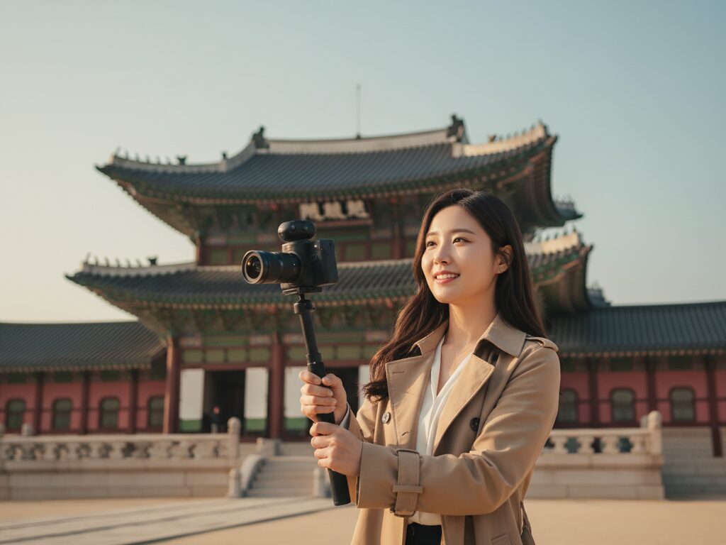 360도 카메라를 이용해 경복궁에서 갤럭시 XR에 사용될 몰입형 콘텐츠를 제작하는 크리에이터