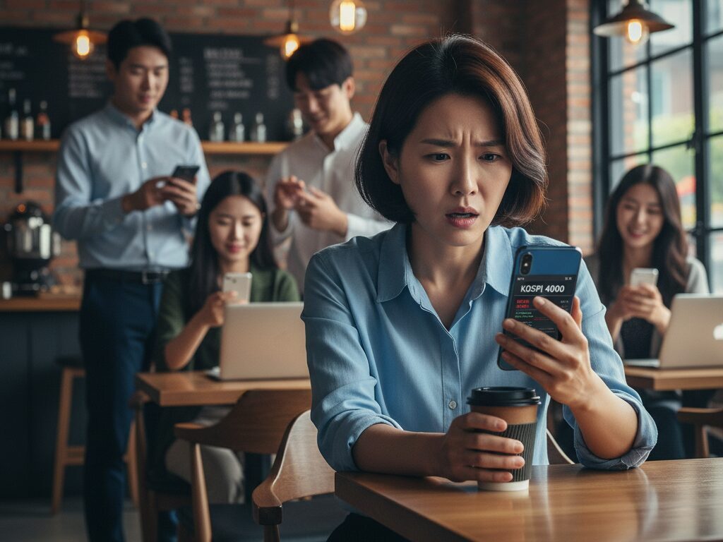코스피 4000 돌파 뉴스를 스마트폰으로 보며 어려운 경제 용어 때문에 이해하지 못하고 불안해하는 한국인 직장인의 모습.
