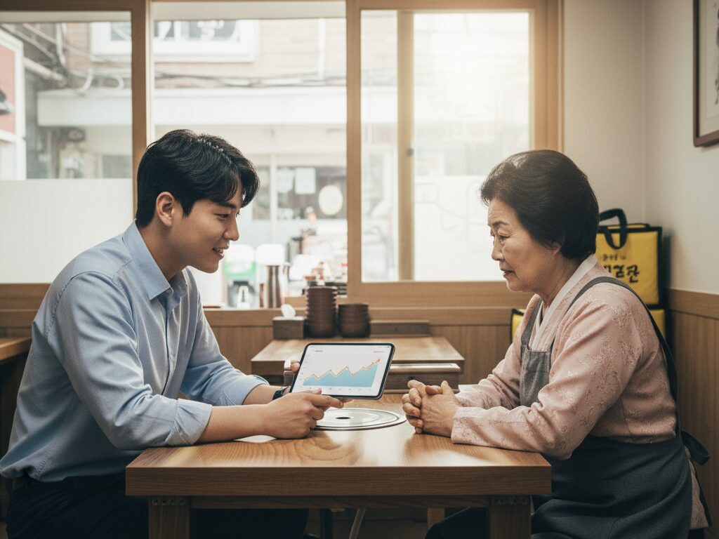 한 N잡 창업가가 동네 식당 사장님에게 태블릿 PC를 보여주며 공공배달앱 '땡겨요'의 사용법과 매출 관리 방법을 설명하는 모습.