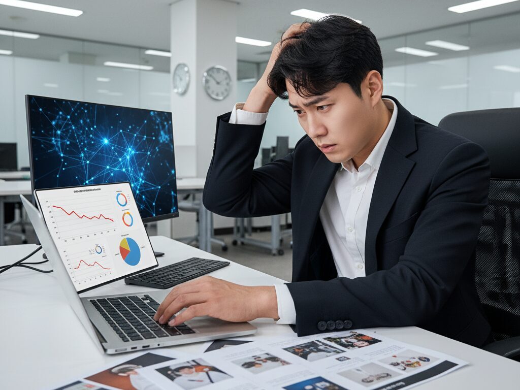 광고 성과 부진 데이터와 뻔한 광고 시안 앞에서 AI 활용법을 몰라 좌절하고 있는 한국인 마케팅 담당자의 모습.