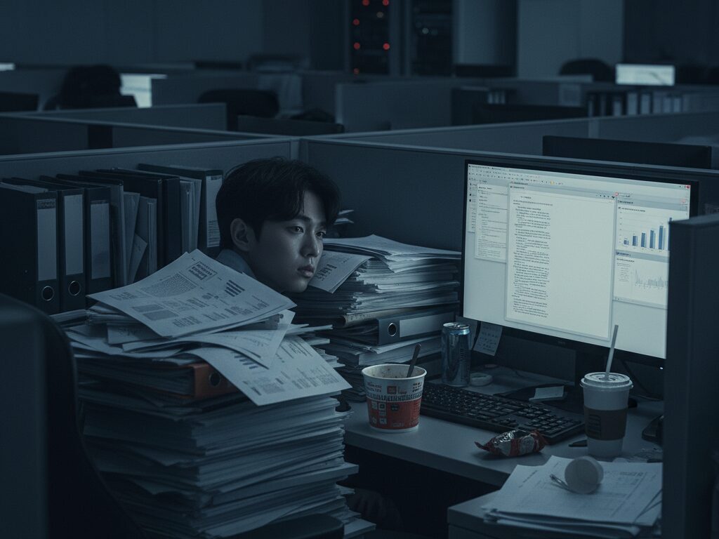 과도한 리서치 업무와 자료 정리에 지쳐 번아웃을 겪고 있는 한 언론사 기자의 모습.