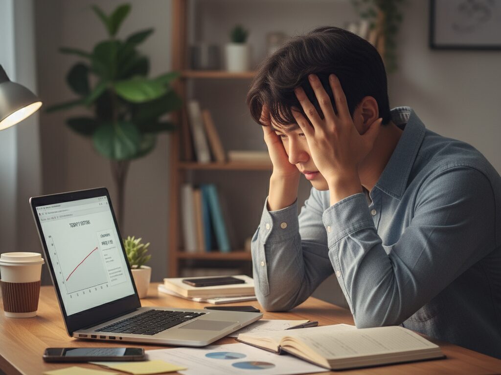 네이버 블로그 방문자 수가 늘지 않거나 애드포스트 승인에 실패하여 노트북 앞에서 좌절하고 있는 한국인 초보 블로거의 모습.